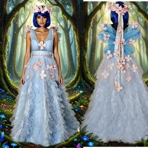 Enchanted Woodland Fairy Costume Tulle Blue Gown W/ Detachable Wings Size10